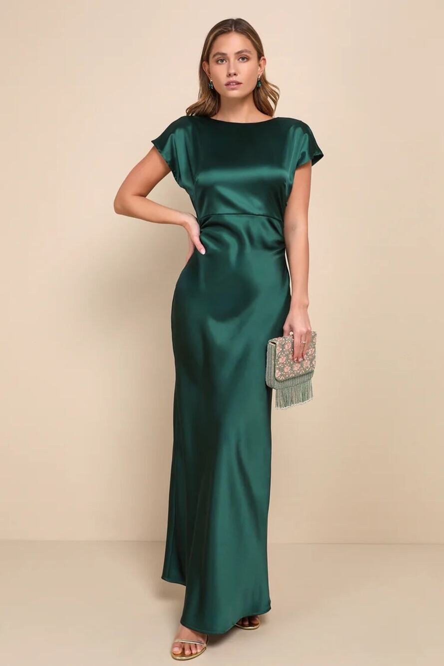 NWT Lulus Captivating Presence Forest Green Satin Cowl Back Maxi Dress Size S
